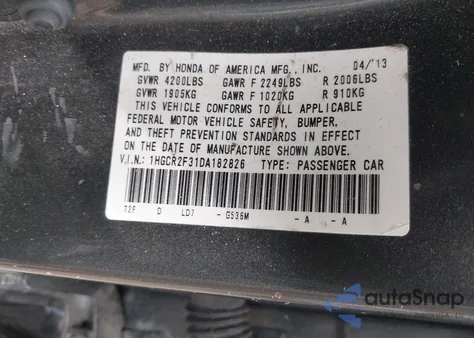 2013 Honda Accord Lx из США, поврежденный, VIN 1HGCR2F31DA182826